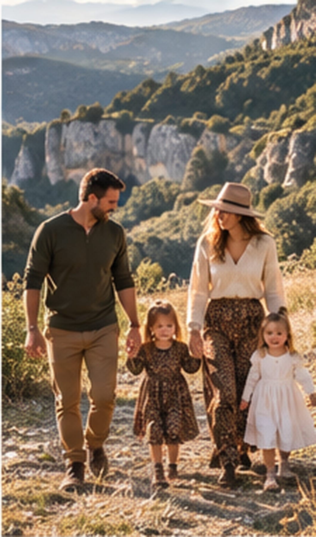 Famille marchant sur un chemin de Lozère, falaises en arrière-plan
