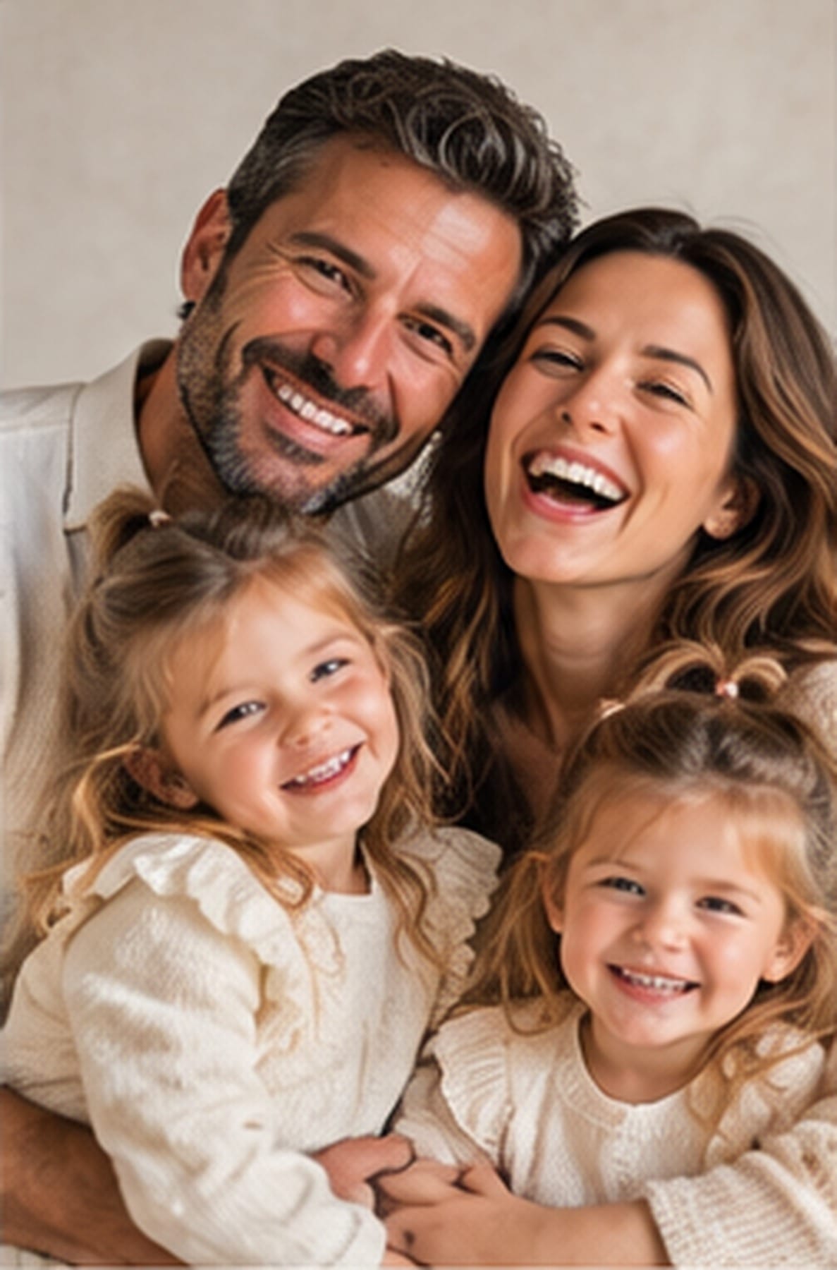 Famille réunie et souriante en studio