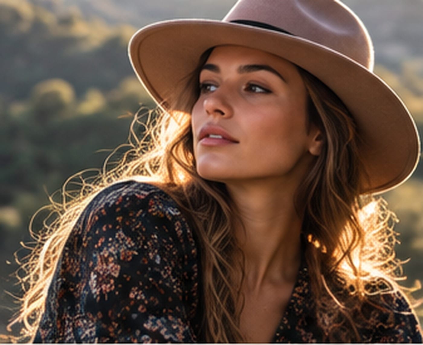 Femme au chapeau en contre-jour dans les collines
